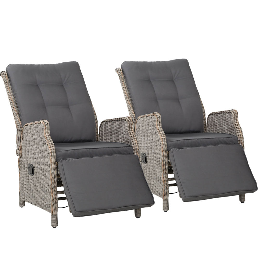 Gardeon 2PC Outdoor Recliner Chairs Wicker Adjustable Grey