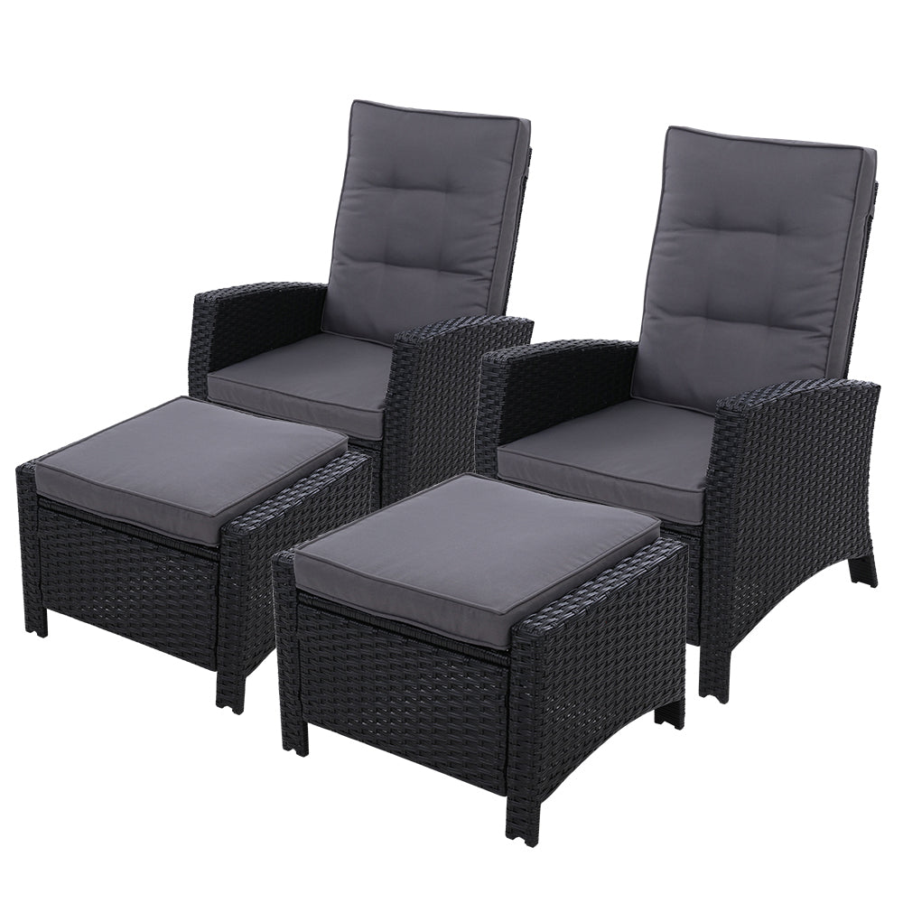 Gardeon Outdoor Recliner Chair Set 2PC Wicker Adjustable Black