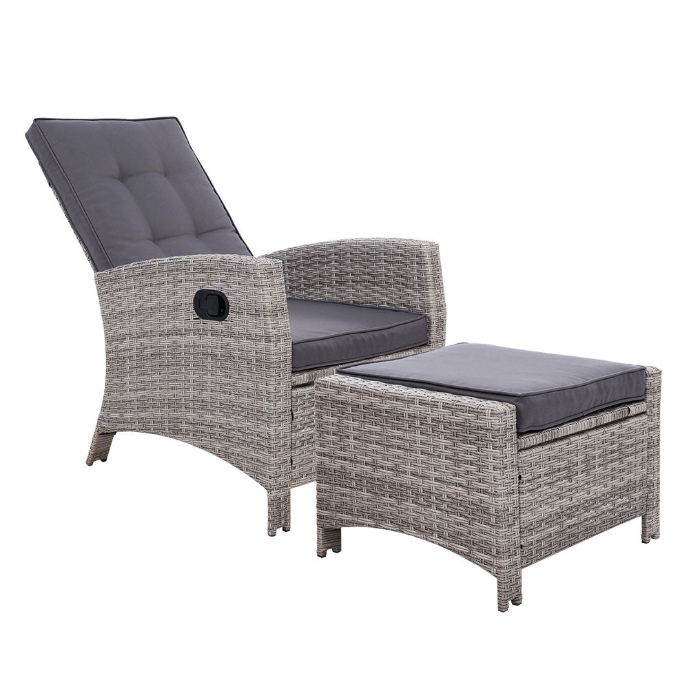 Grey Adjustable Wicker Recliner Chair & Ottoman Set - Gardeon