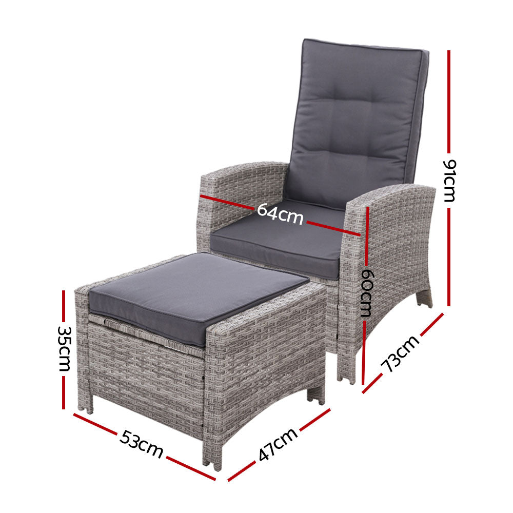 Grey Adjustable Wicker Recliner Chair & Ottoman Set - Gardeon