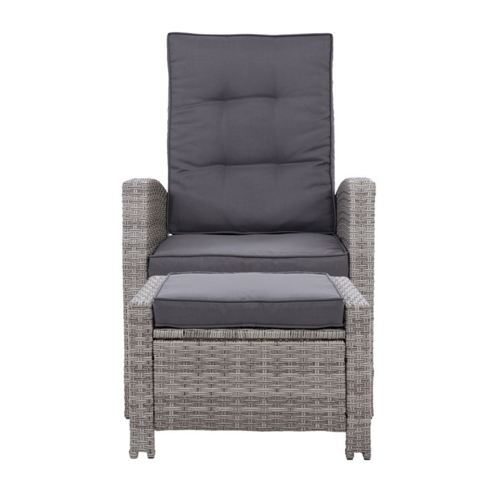 Grey Adjustable Wicker Recliner Chair & Ottoman Set - Gardeon