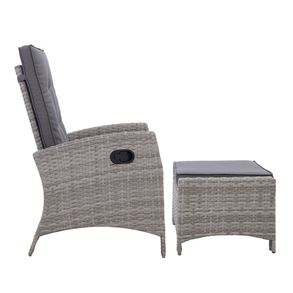 Grey Adjustable Wicker Recliner Chair & Ottoman Set - Gardeon