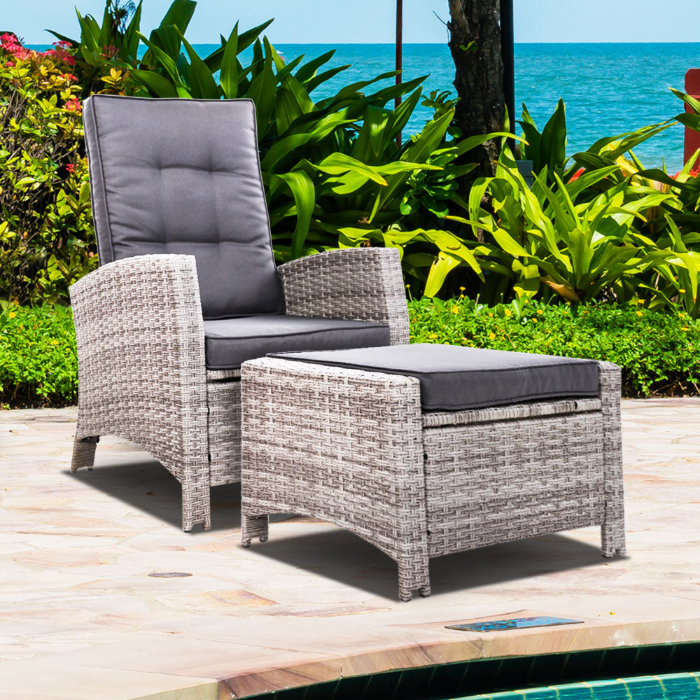 Grey Adjustable Wicker Recliner Chair & Ottoman Set - Gardeon