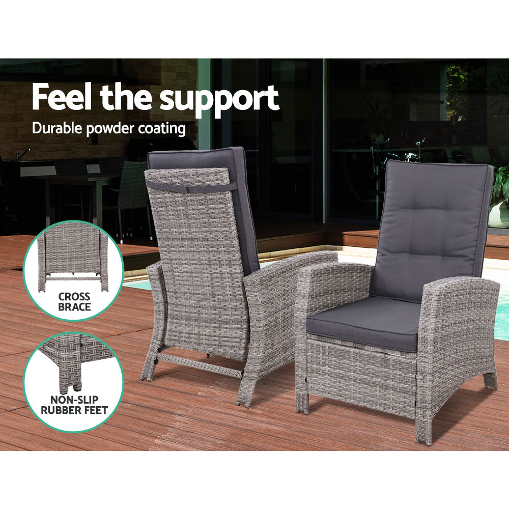 Grey Adjustable Wicker Recliner Chair & Ottoman Set - Gardeon