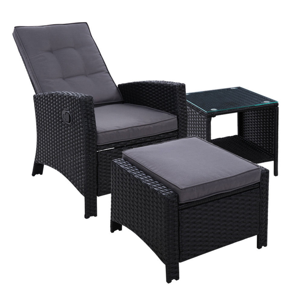Gardeon 3PC Wicker Outdoor Recliner Set with Ottoman and Table Black