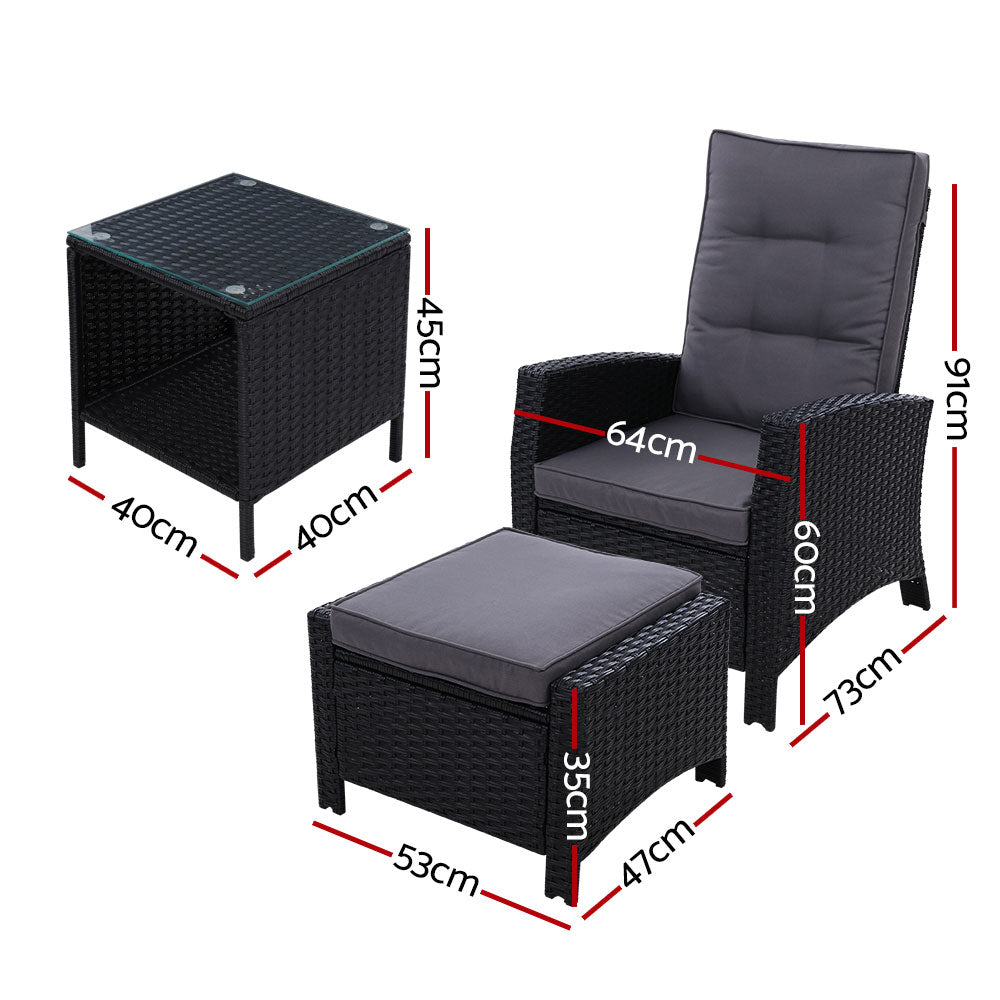 Gardeon 3PC Outdoor Recliner Set Wicker Adjustable Black