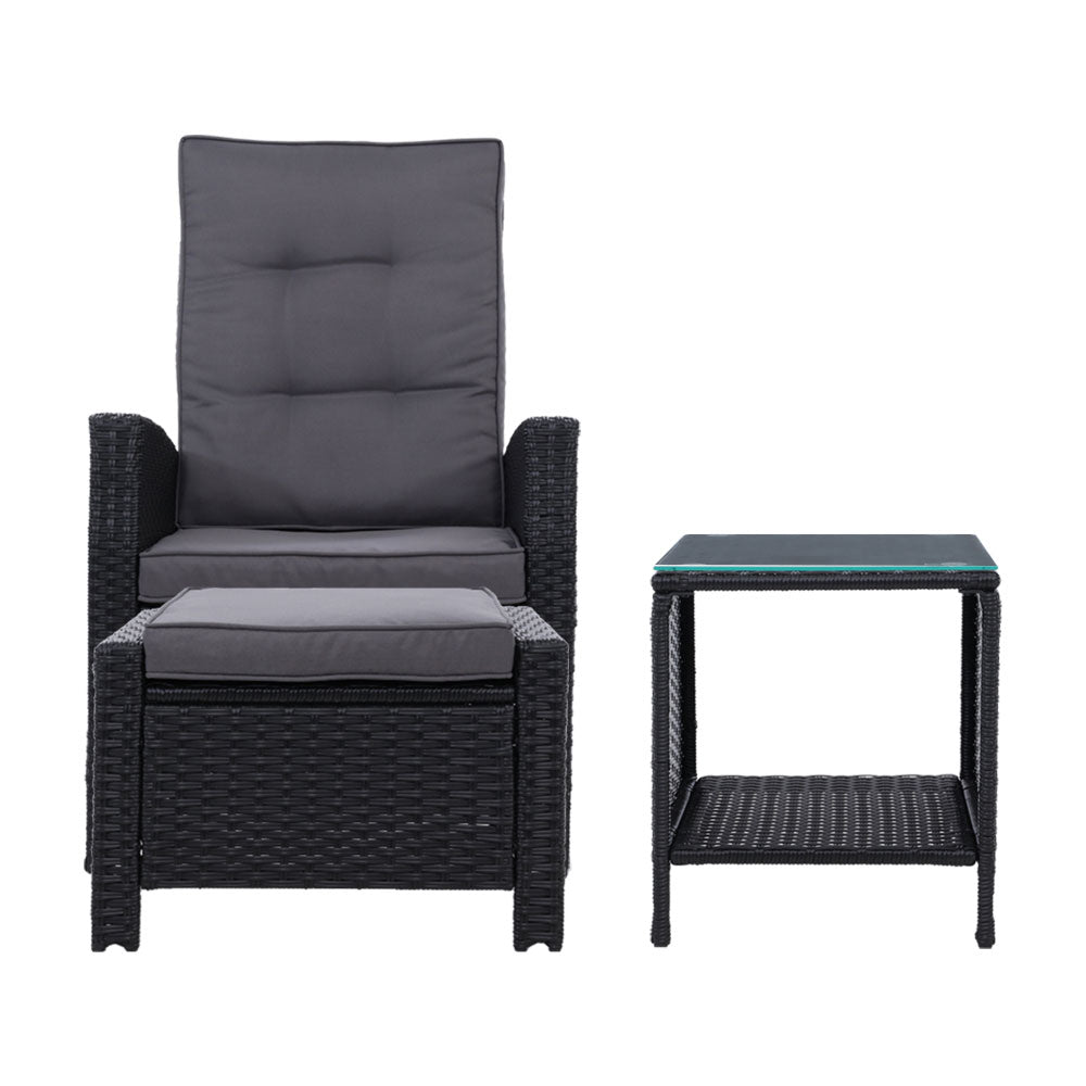 Gardeon 3PC Outdoor Recliner Set Wicker Adjustable Black
