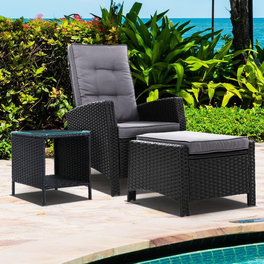 Gardeon 3PC Outdoor Recliner Set Wicker Adjustable Black
