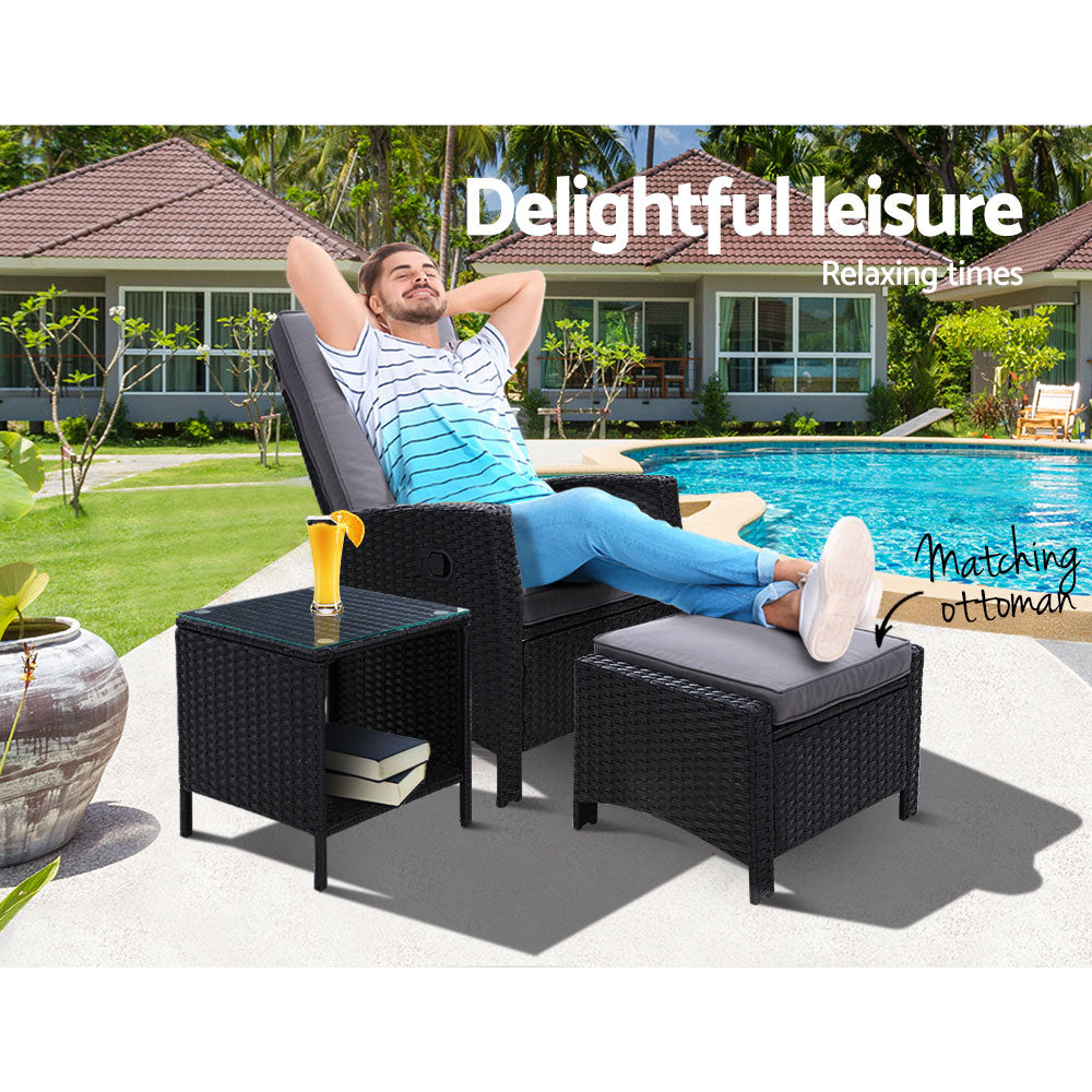 Gardeon 3PC Outdoor Recliner Set Wicker Adjustable Black