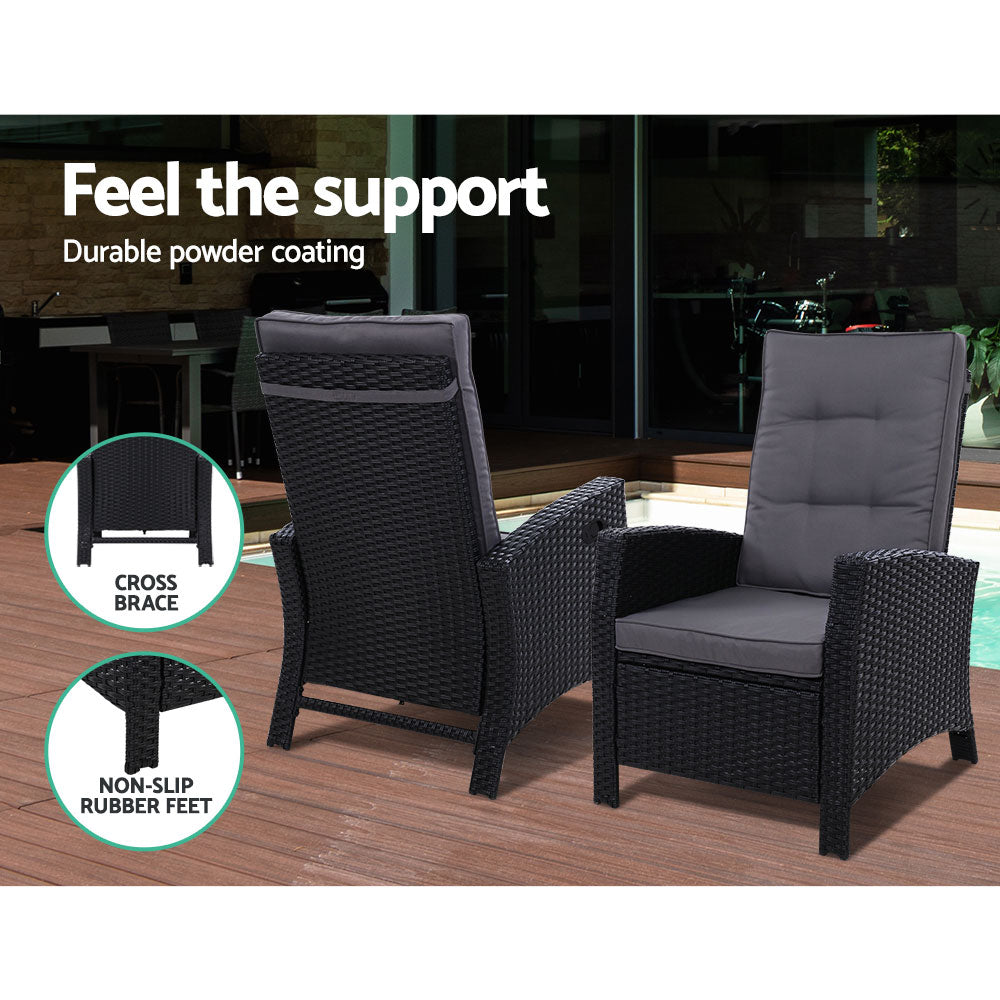 Gardeon 3PC Outdoor Recliner Set Wicker Adjustable Black