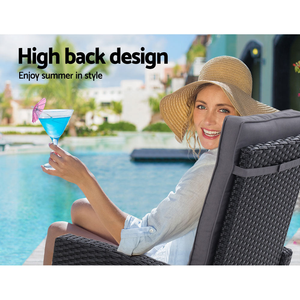 Gardeon 3PC Outdoor Recliner Set Wicker Adjustable Black