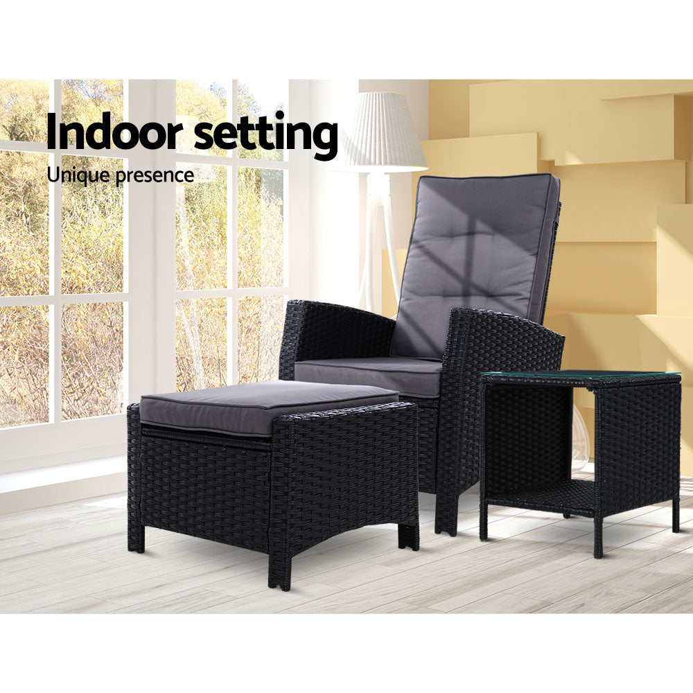 Gardeon 3PC Outdoor Recliner Set Wicker Adjustable Black