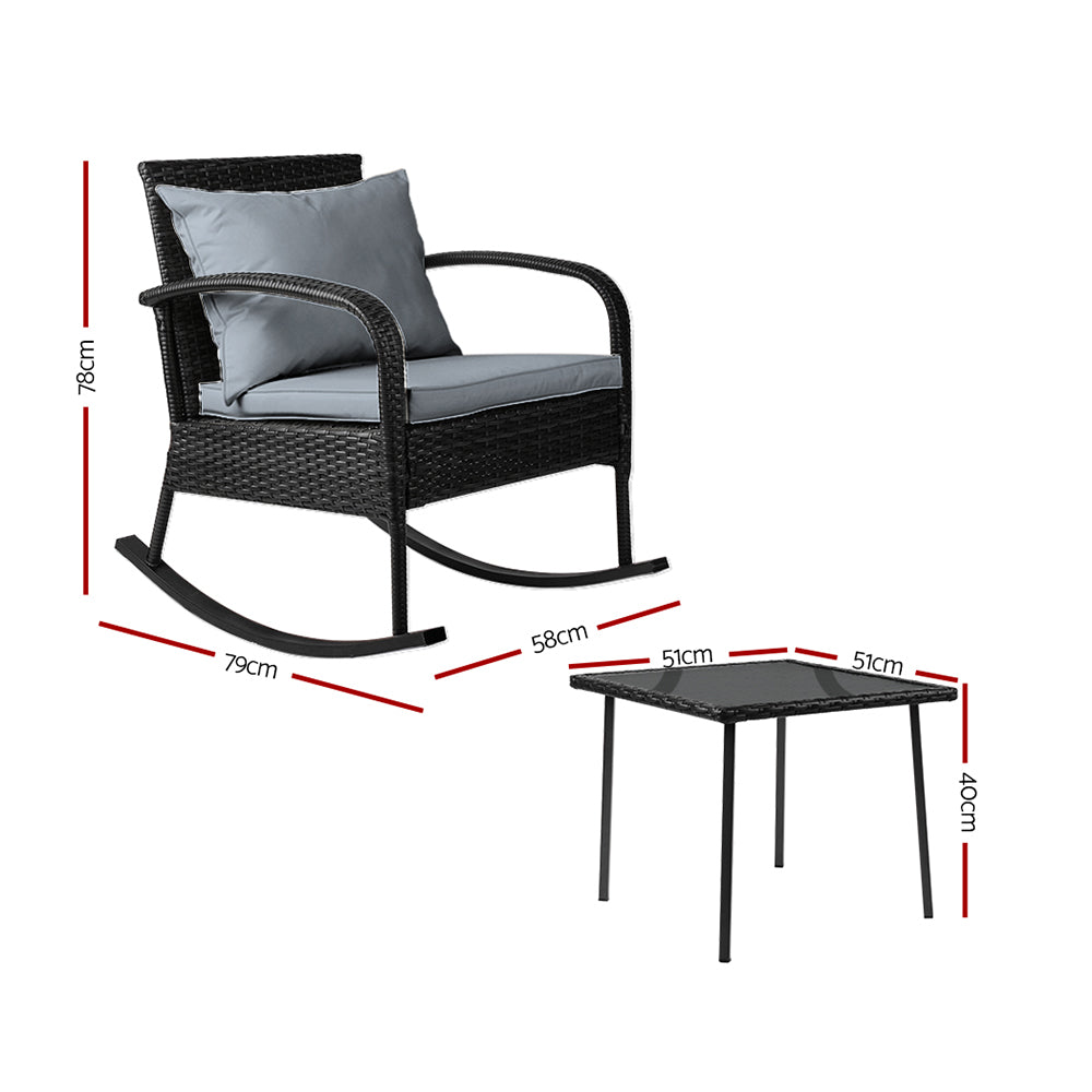 Gardeon 3PC Outdoor Rocking Chair Set Black Wicker Patio Furniture