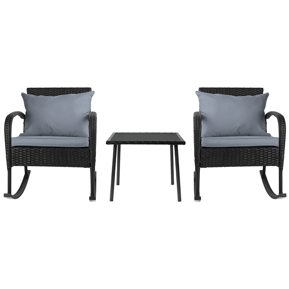 Gardeon 3PC Outdoor Rocking Chair Set Black Wicker Patio Furniture