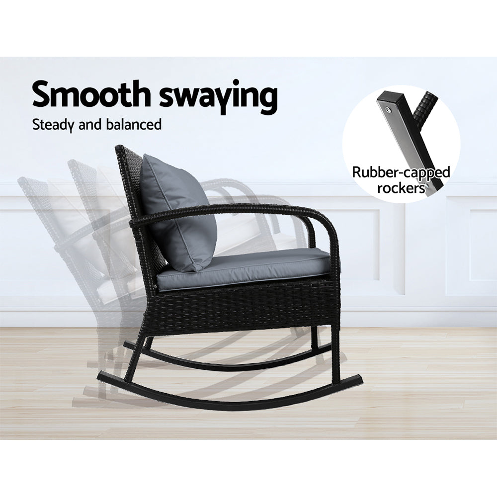 Gardeon 3PC Outdoor Rocking Chair Set Black Wicker Patio Furniture