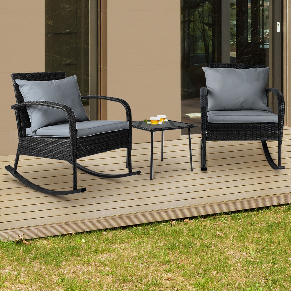 Gardeon 3PC Outdoor Rocking Chair Set Black Wicker Patio Furniture