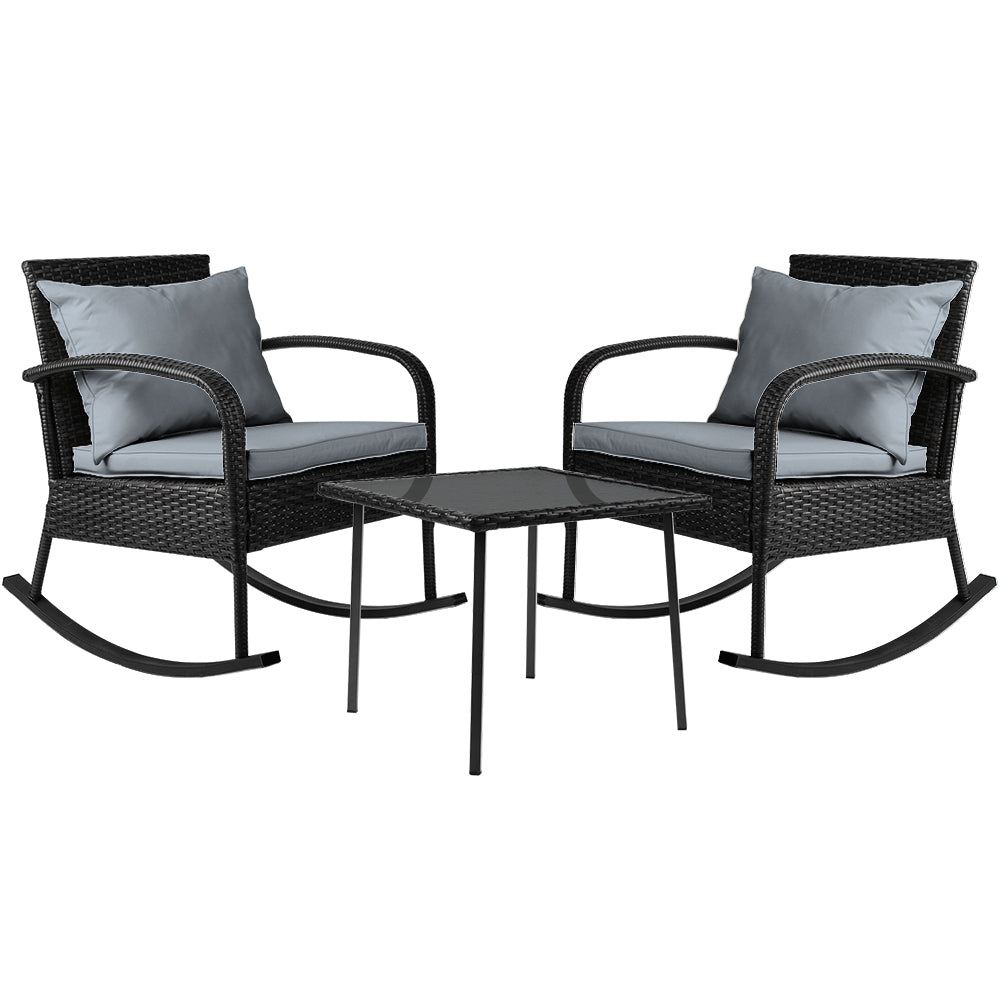 Gardeon 3PC Outdoor Rocking Chair Set Black Wicker Patio Furniture