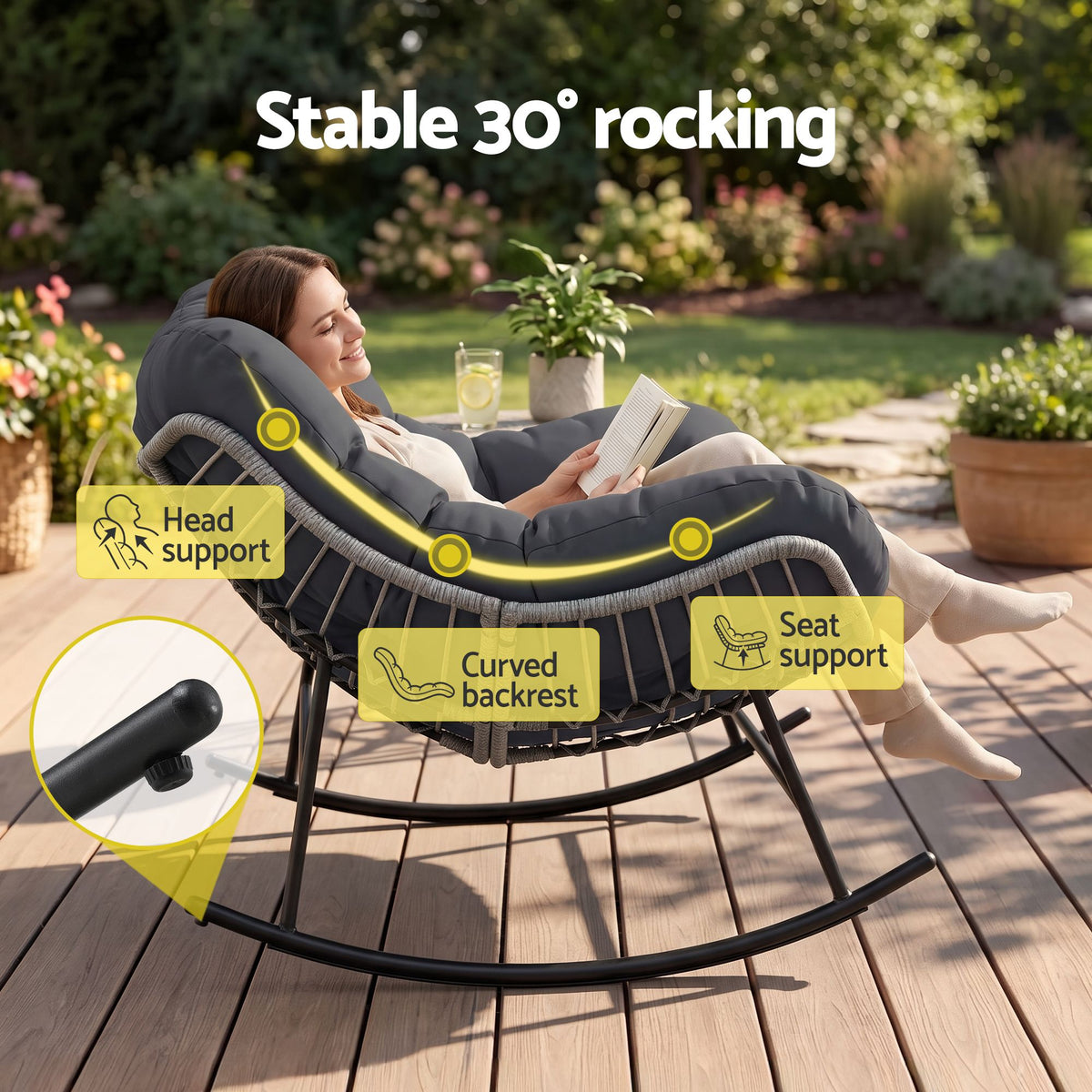 Gardeon Outdoor Rocking Loveseat Wicker 2 Seater Grey