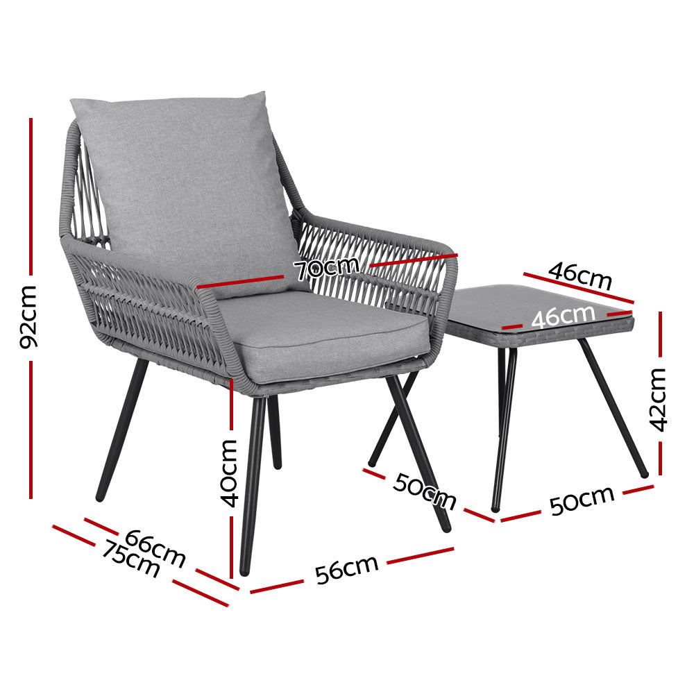 Gardeon 3PC Outdoor Bistro Set Lounge Chairs Table Grey