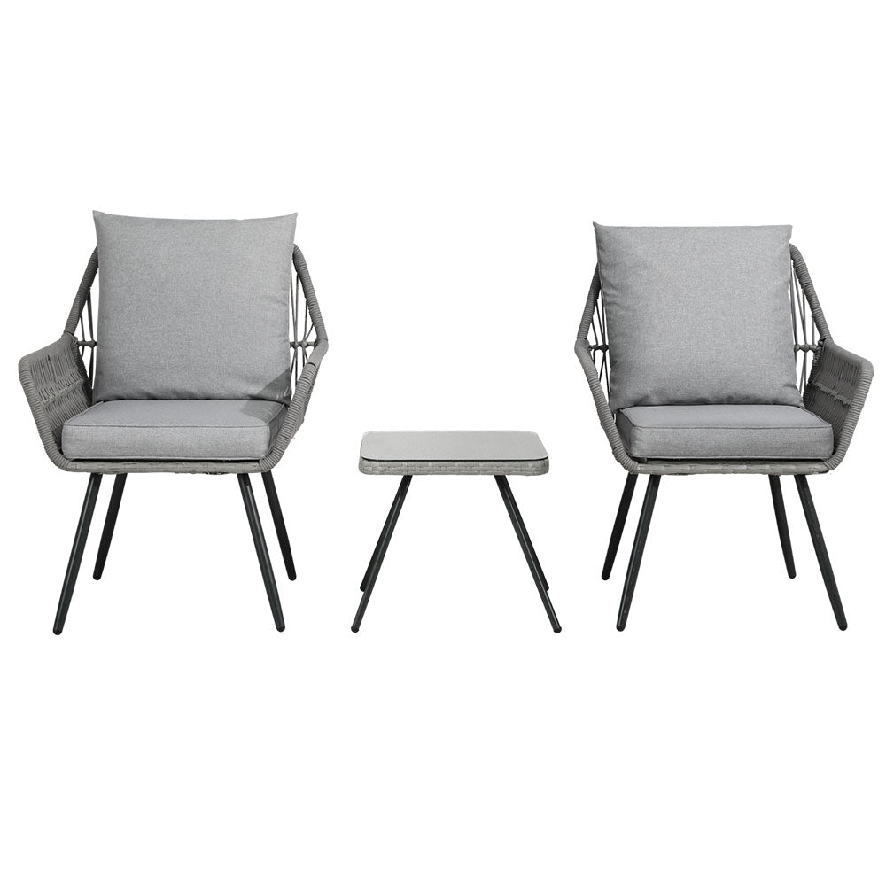 Gardeon 3PC Outdoor Bistro Set Lounge Chairs Table Grey