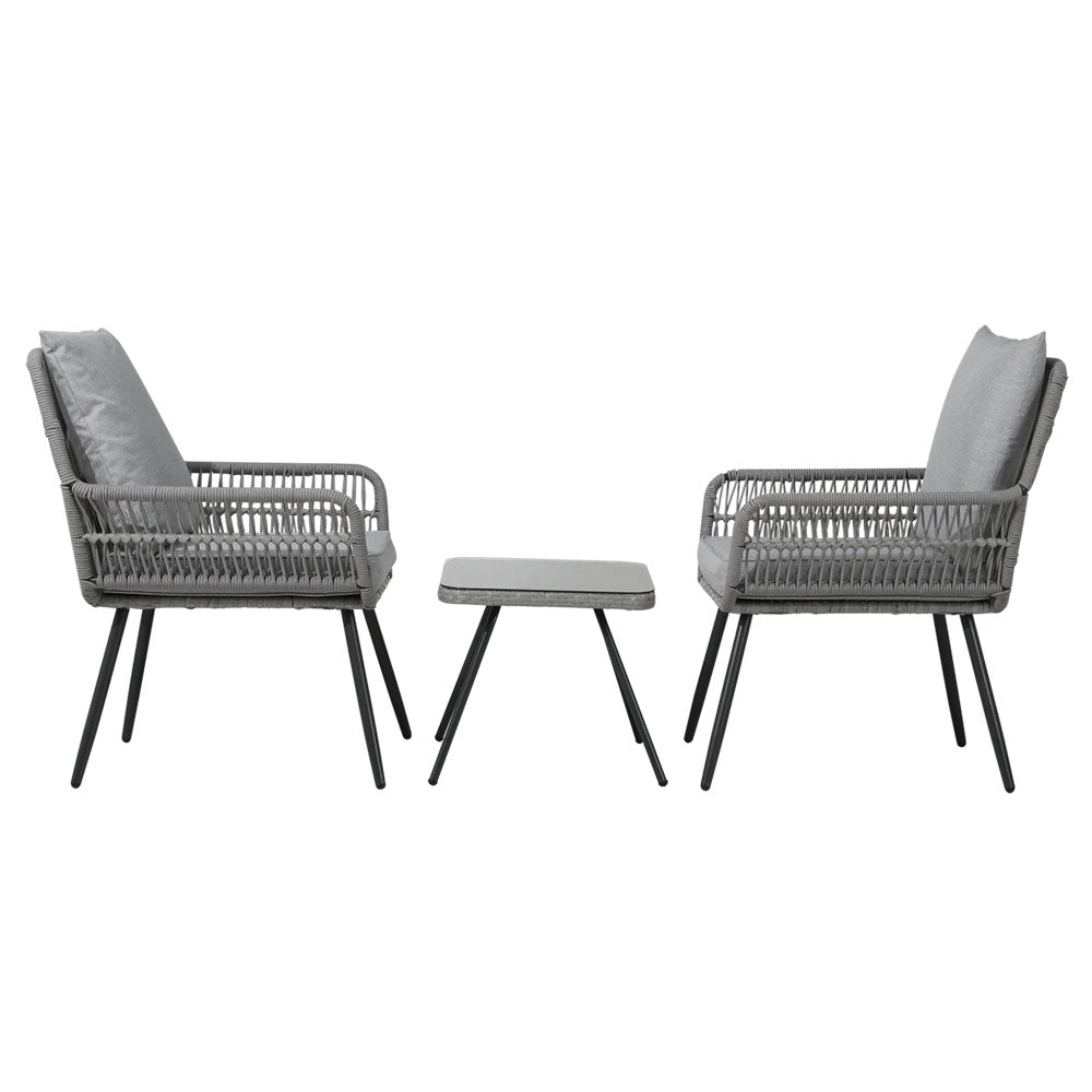 Gardeon 3PC Outdoor Bistro Set Lounge Chairs Table Grey