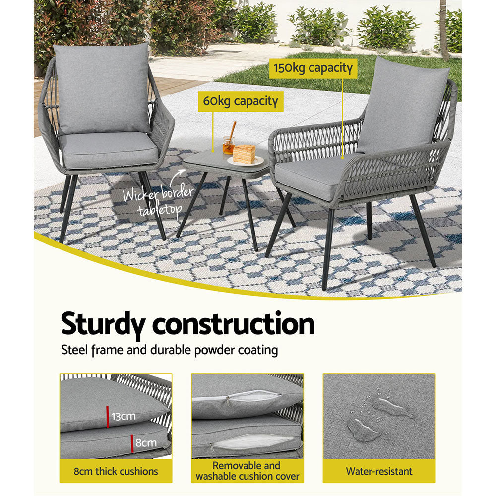 Gardeon 3PC Outdoor Bistro Set Lounge Chairs Table Grey
