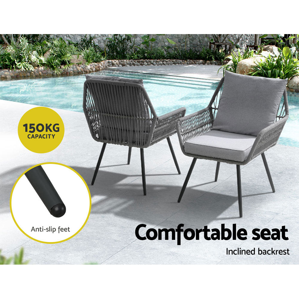 Gardeon 3PC Outdoor Bistro Set Lounge Chairs Table Grey