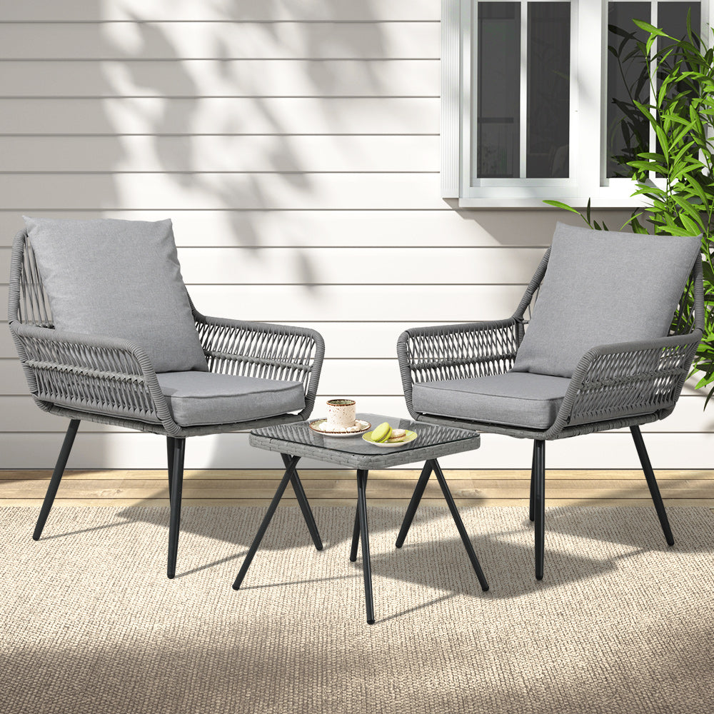 Gardeon 3PC Outdoor Bistro Set Lounge Chairs Table Grey