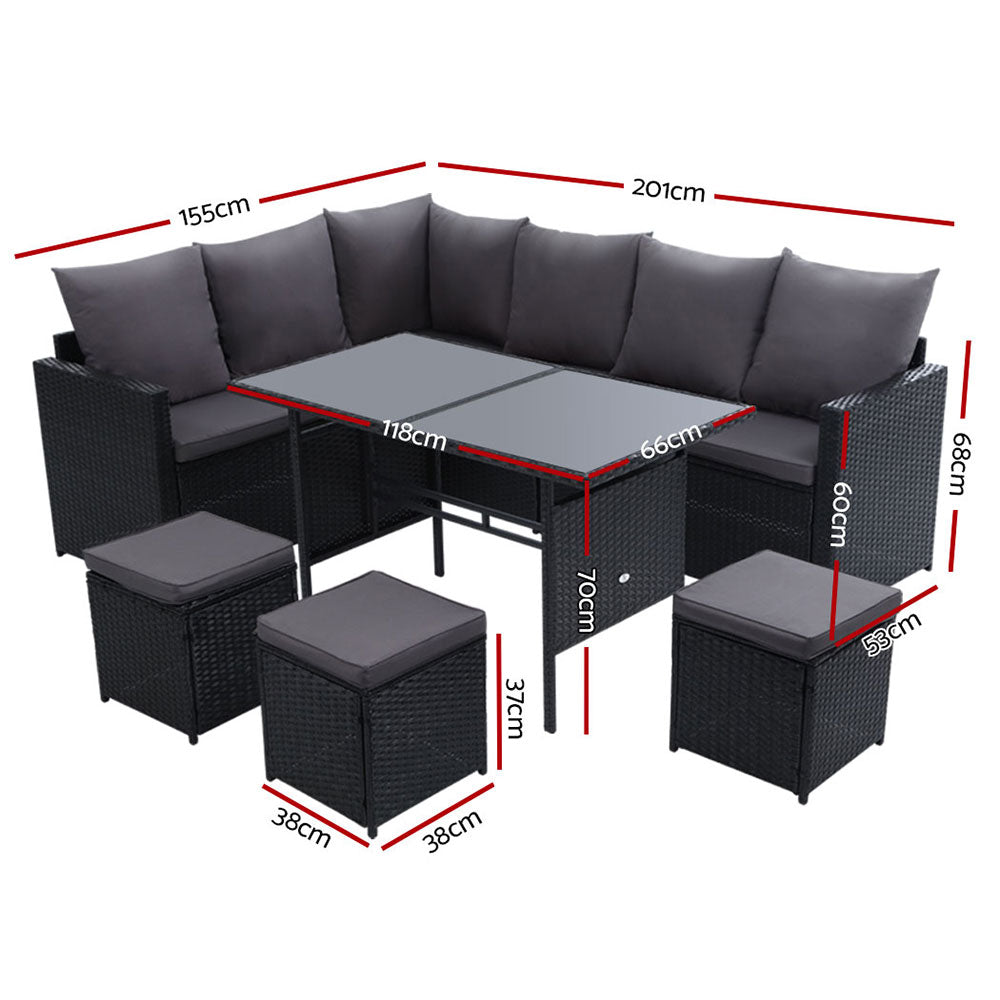 Gardeon 9-Seater Outdoor Dining Sofa Set Wicker Black