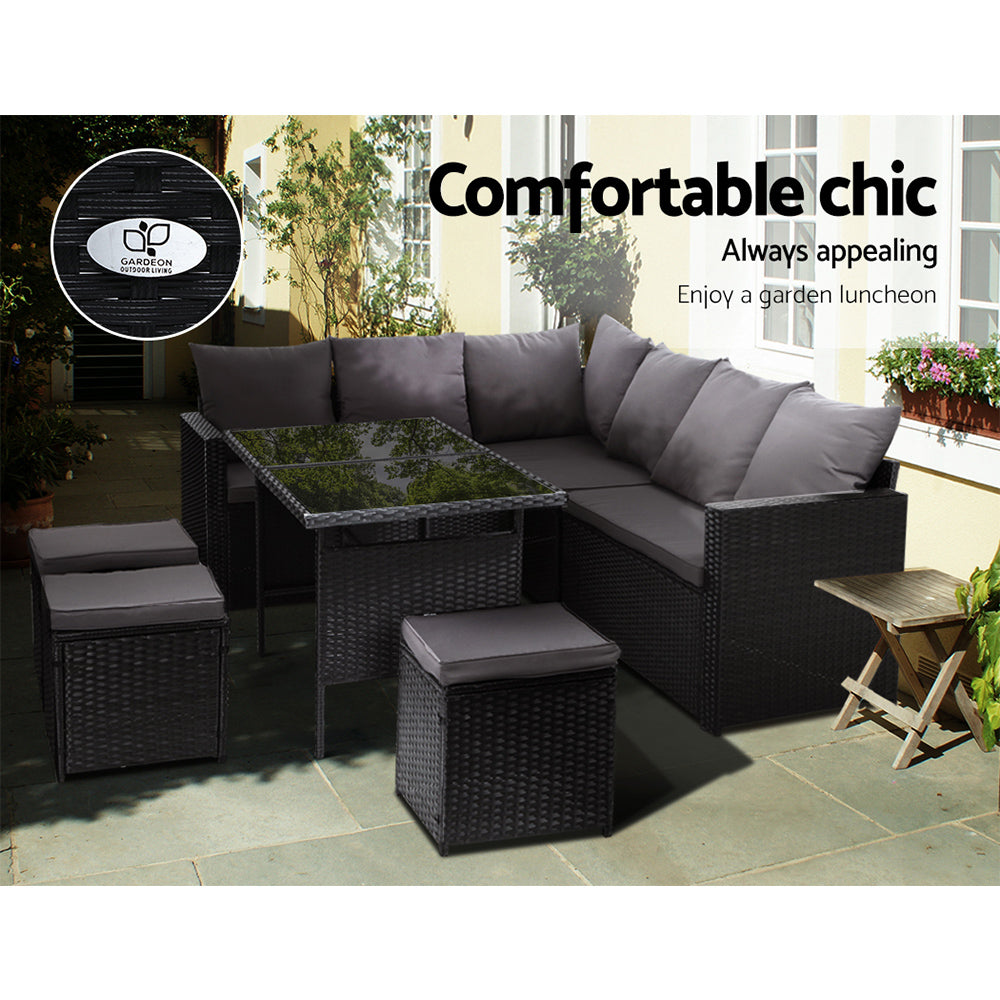 Gardeon 9-Seater Outdoor Dining Sofa Set Wicker Black