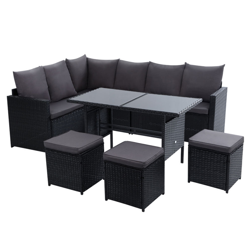 Gardeon 9-Seater Outdoor Dining Sofa Set Wicker Black