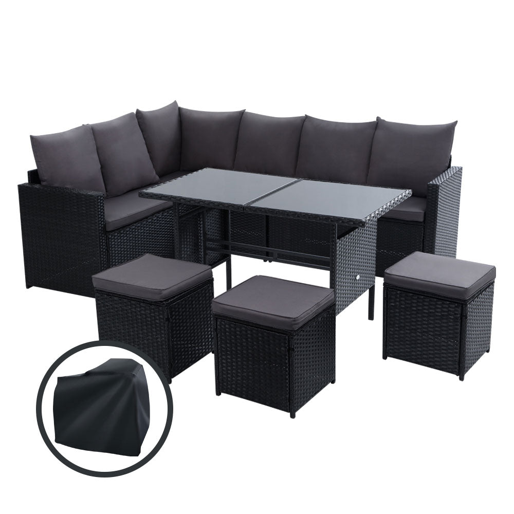 Gardeon 9-Seater Outdoor Dining Sofa Set Black Wicker Dark Grey Cushions