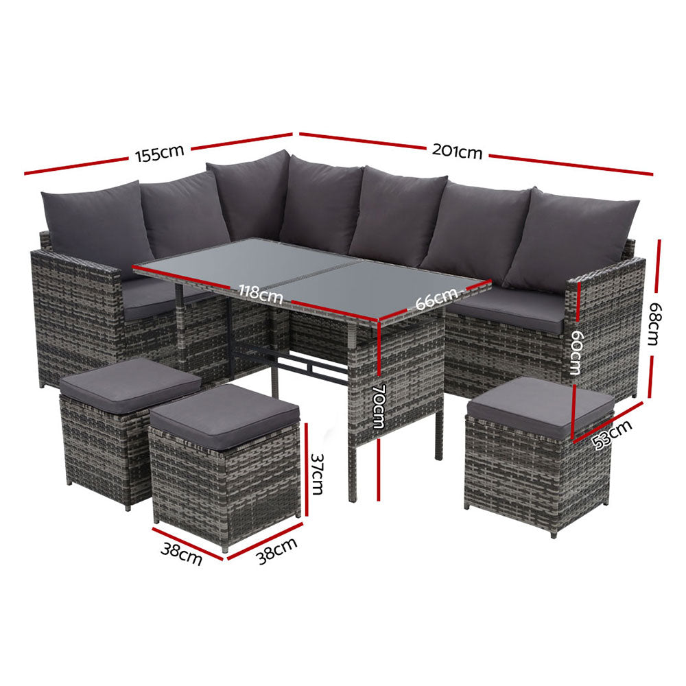 Gardeon 9-Seater Outdoor Dining Sofa Set Wicker Mixed Grey