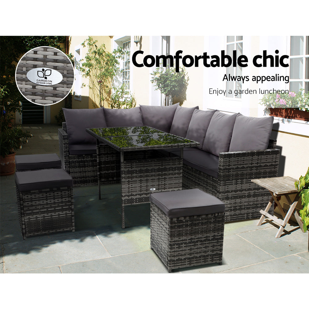 Gardeon 9-Seater Outdoor Dining Sofa Set Grey Wicker Cushions