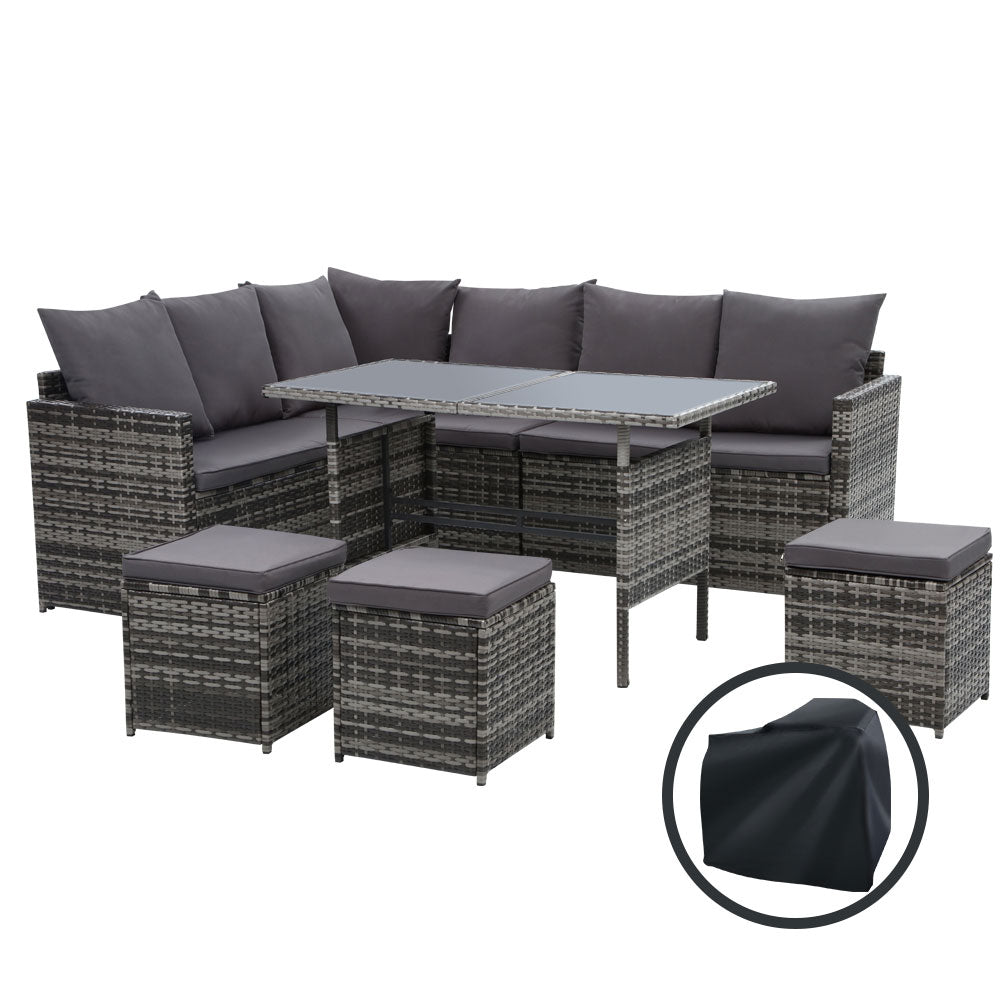 Gardeon 9-Seater Outdoor Dining Sofa Set Grey Wicker Cushions