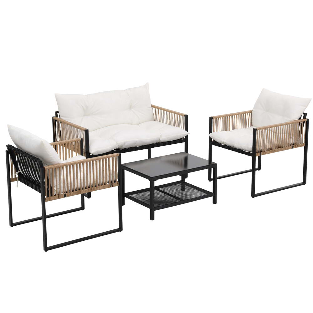 Gardeon 4-Seater Outdoor Sofa Set Black Rattan White Cushions