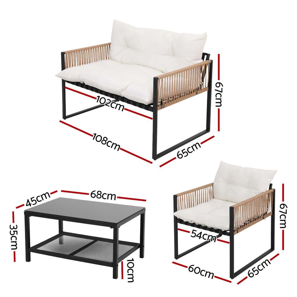 Gardeon 4-Seater Outdoor Sofa Set Black Rattan White Cushions