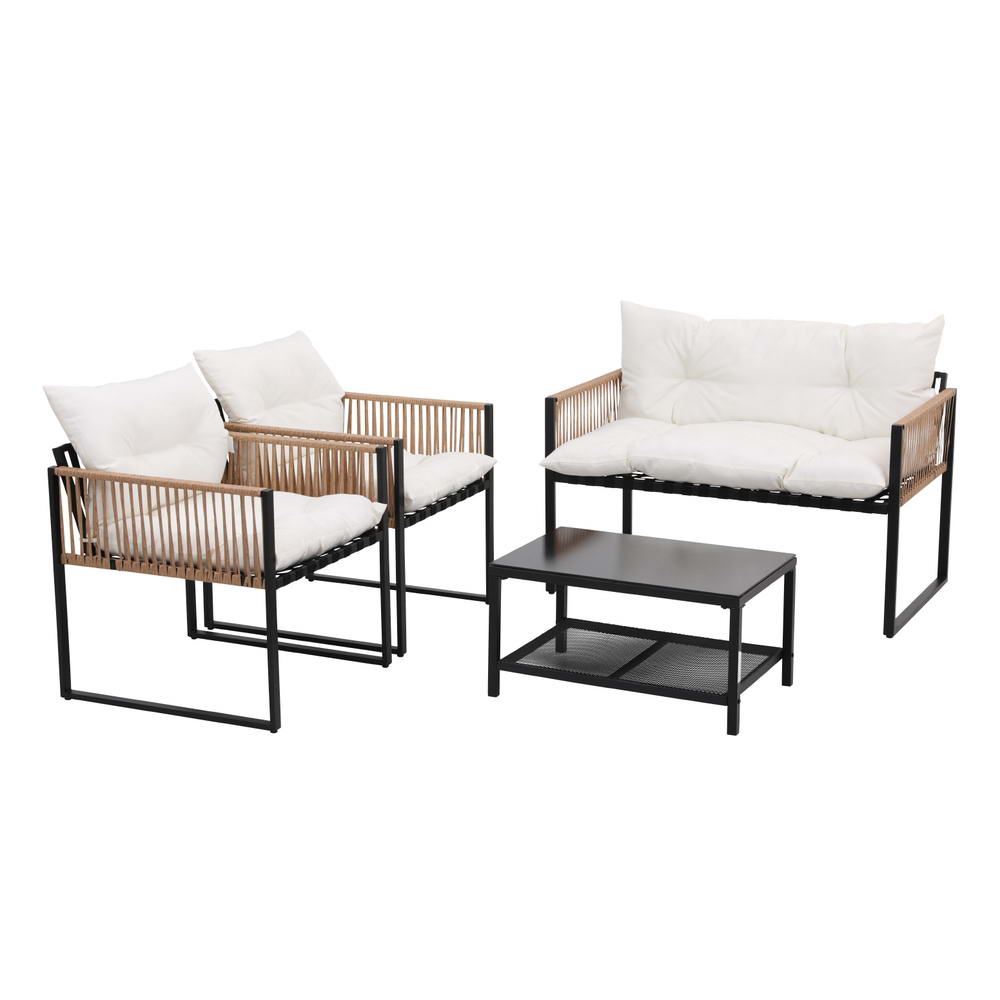 Gardeon 4-Seater Outdoor Sofa Set Black Rattan White Cushions