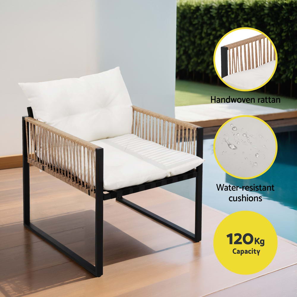 Gardeon 4-Seater Outdoor Sofa Set Black Rattan White Cushions
