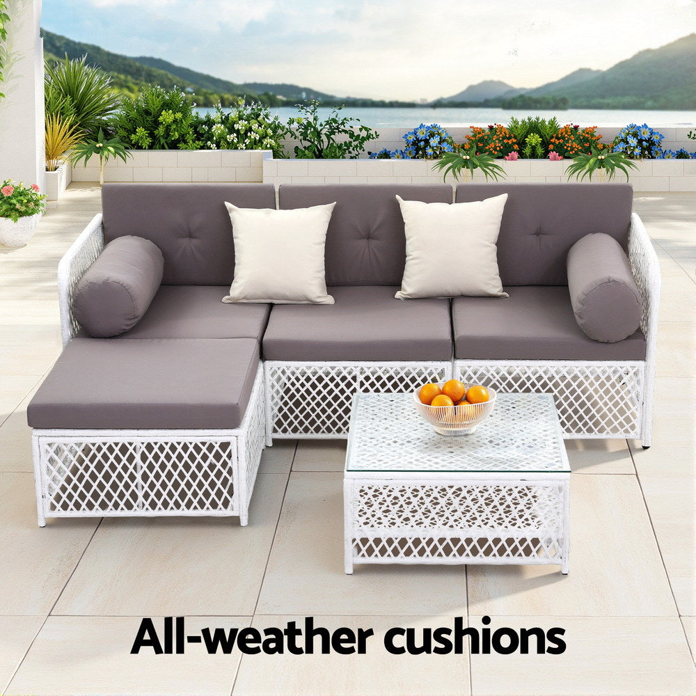 Gardeon 4-Seater Outdoor Sofa Set 5PC White Rattan Garden Furniture