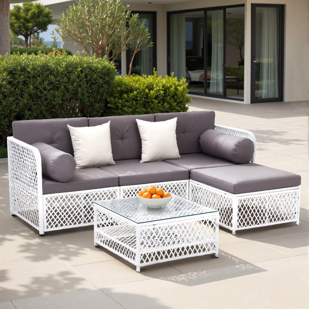 Gardeon 4-Seater Outdoor Sofa Set 5PC White Rattan Garden Furniture
