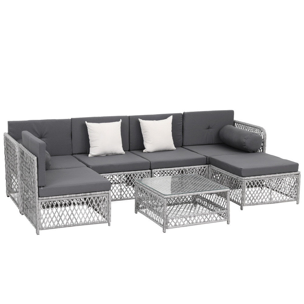 Gardeon 6-Seater Outdoor Sofa Set 7-Piece Rattan Patio Furniture Grey