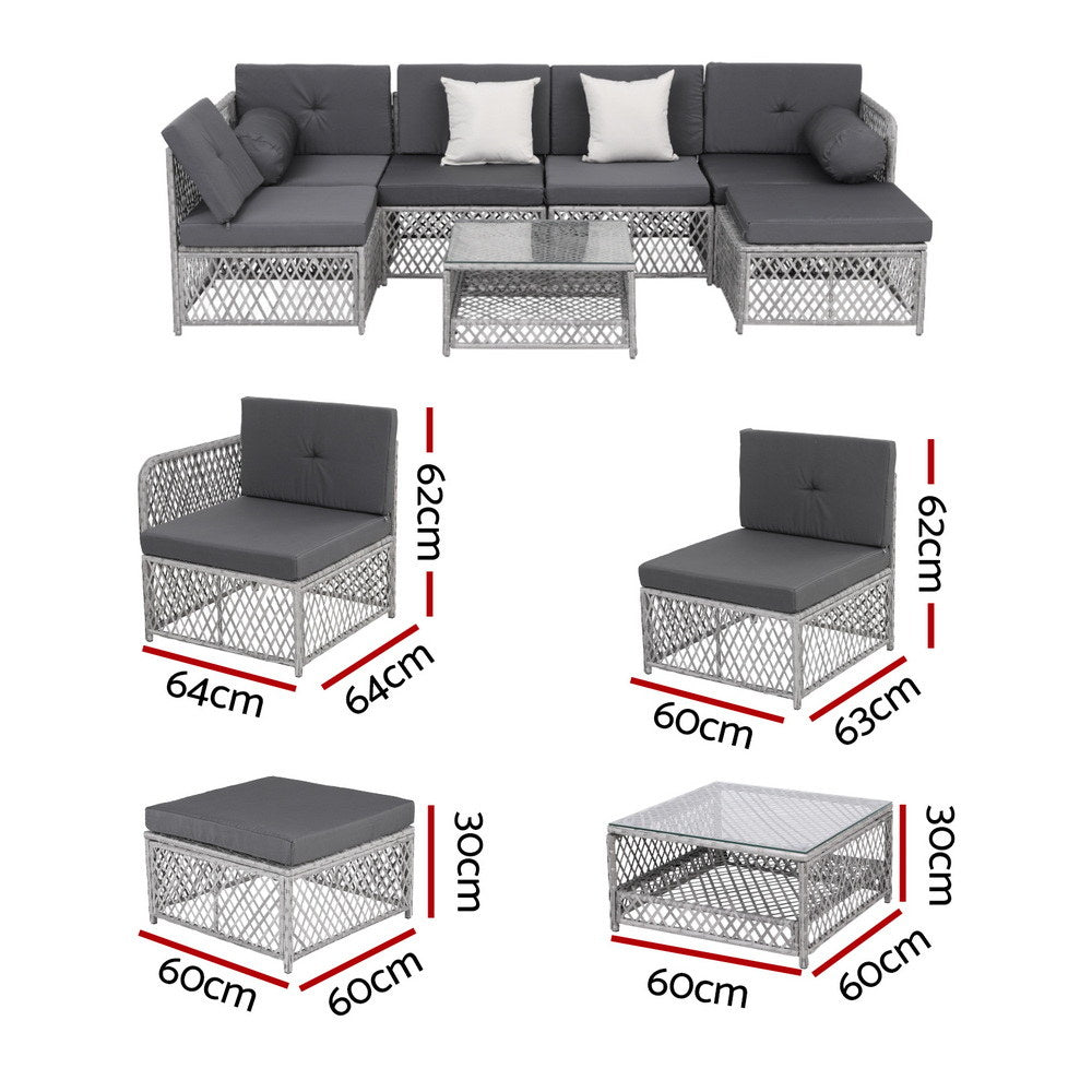 Gardeon 6-Seater Outdoor Sofa Set 7-Piece Rattan Patio Furniture Grey
