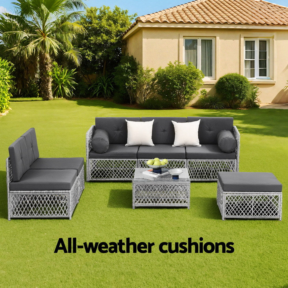 Gardeon 6-Seater Outdoor Sofa Set 7-Piece Rattan Patio Furniture Grey