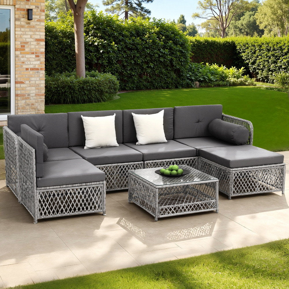 Gardeon 6-Seater Outdoor Sofa Set 7-Piece Rattan Patio Furniture Grey