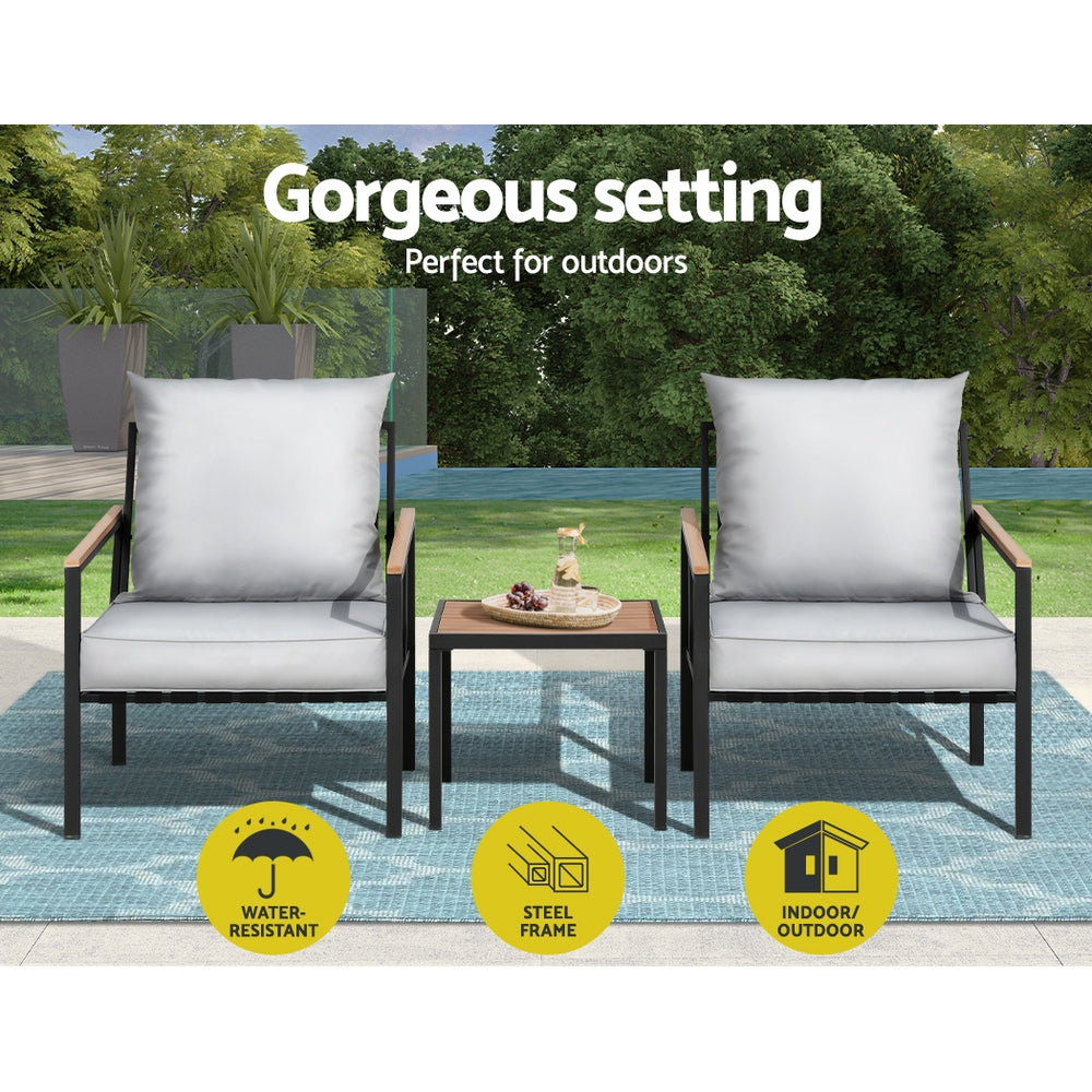 Gardeon 3PC Outdoor Lounge Setting Black Chairs Table Patio