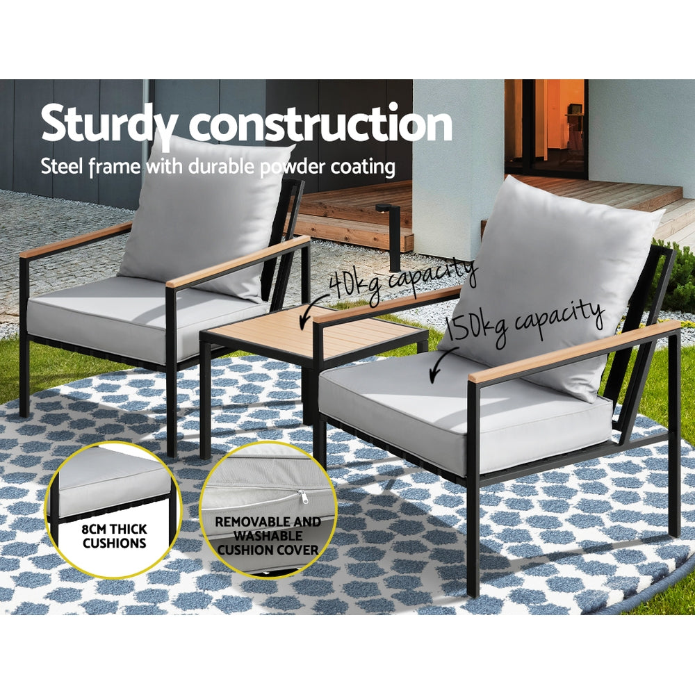 Gardeon 3PC Outdoor Lounge Setting Black Chairs Table Patio