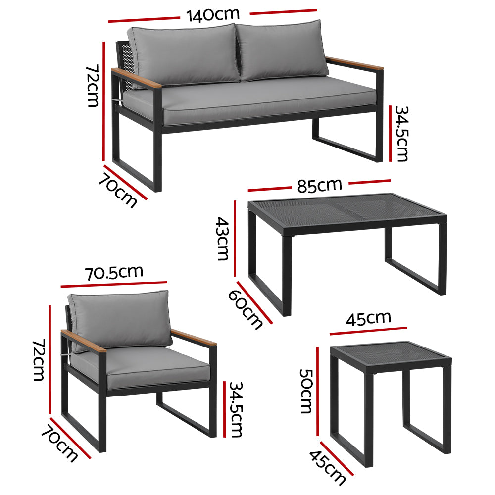 Gardeon 3-Seater Outdoor Modular Lounge Set Steel Black Grey Cushions