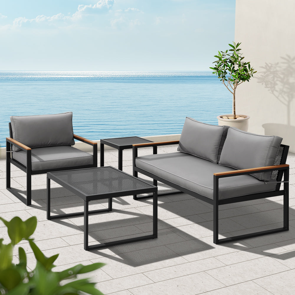 Gardeon 3-Seater Outdoor Modular Lounge Set Steel Black Grey Cushions