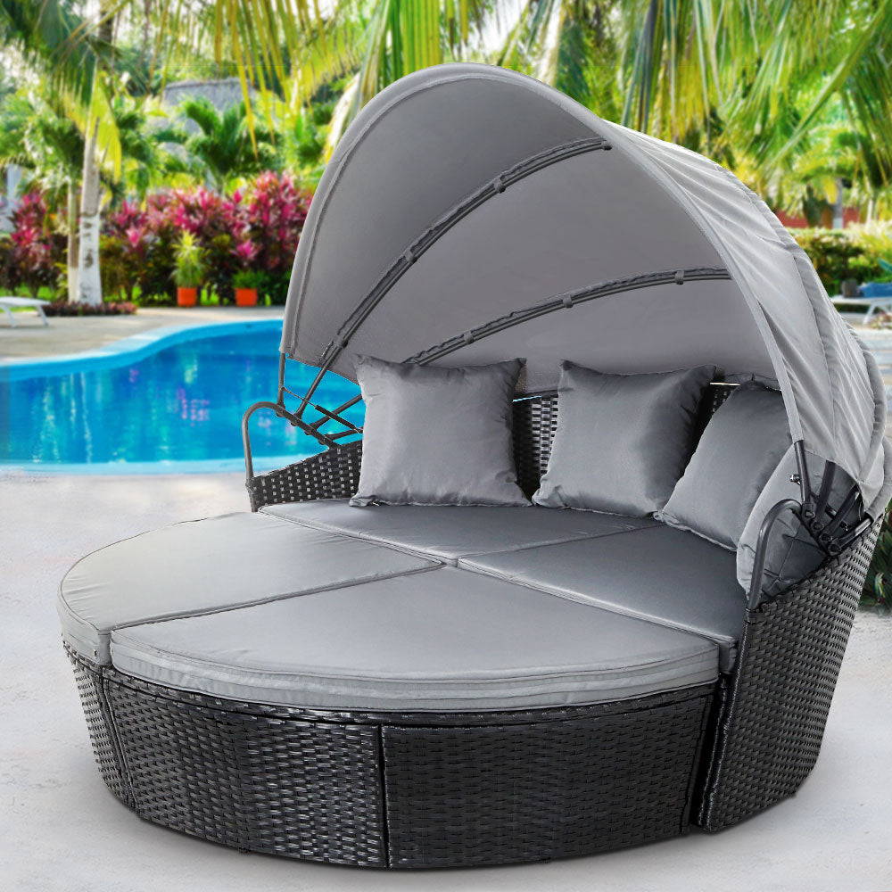 Gardeon Outdoor Day Bed Wicker Lounger Black Grey
